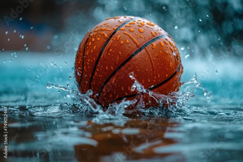 A close-up image of an orange basketball surrounded by dynamic splashes of water