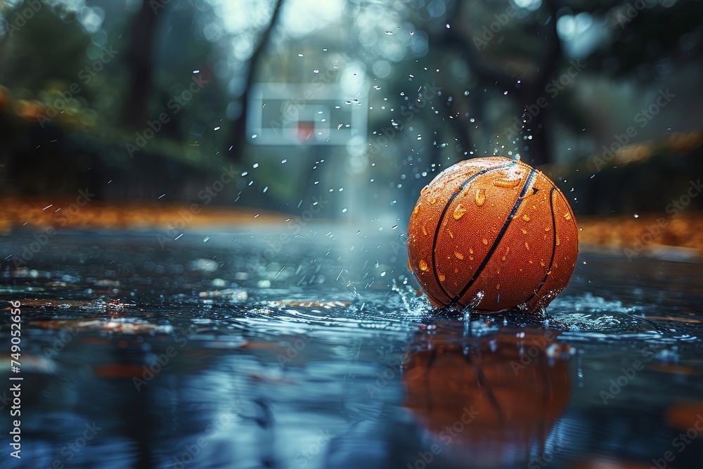 This dramatic image shows a basketball on a wet court as raindrops create dynamic splashes around it This dramatic image shows a basketball on a wet court as raindrops create dynamic splashes around it