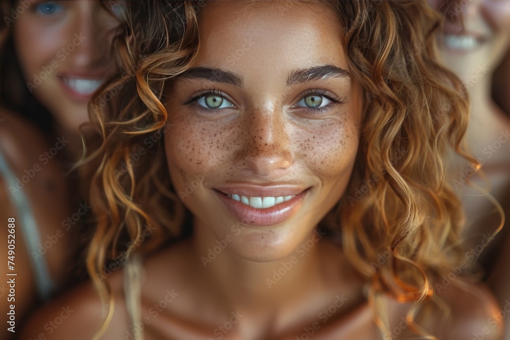 This image features a woman with captivating green eyes, a joyful smile, and freckles, radiating confidence and beauty This image features a woman with captivating green eyes, a joyful smile, and freckles, radiating confidence and beauty
