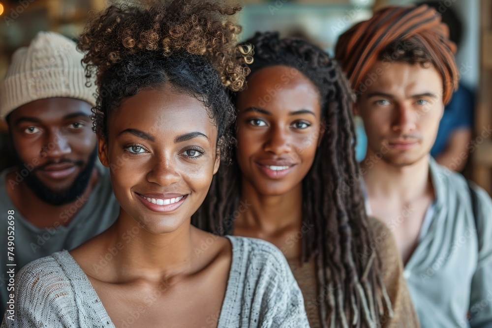 Group portrait of multiracial friends smiling and looking directly into the camera exuding warmth and connectivity