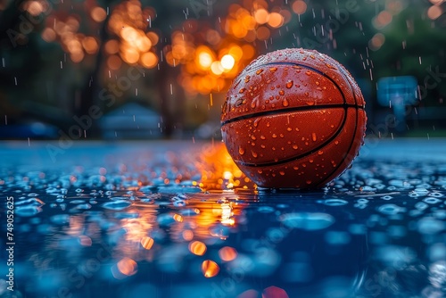 A vibrant basketball with water beads on it against a backdrop of fiery bokeh lights reflecting an urban, energetic vibe photo