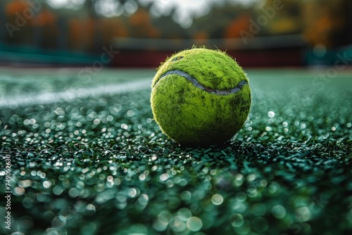 A worn tennis ball sits on a synthetic green court, the texture and wear suggesting frequent play and athletic endurance