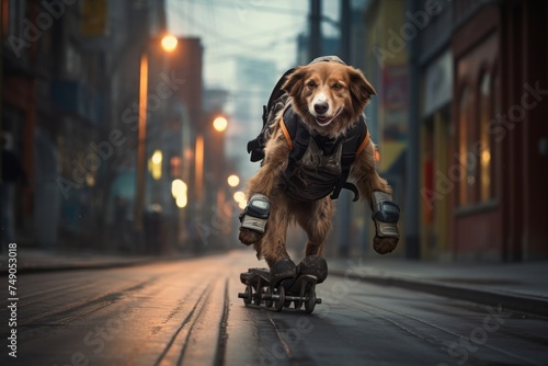Happy dog on a skateboard rides down the street with a backpack on its back and knee and elbow pads on its legs. Isolated on a blurred street background with a shallow depth of field. photo