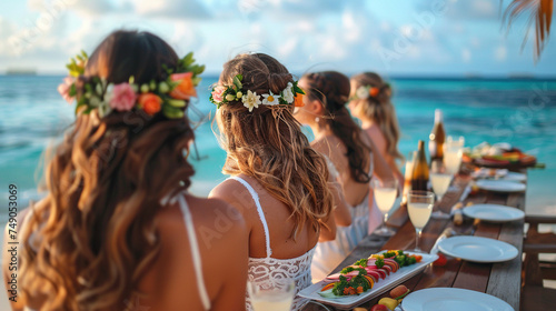 happy bridesmaid on beach side with flower hair accessories on head , beautiful beach view , sea side, destination wedding