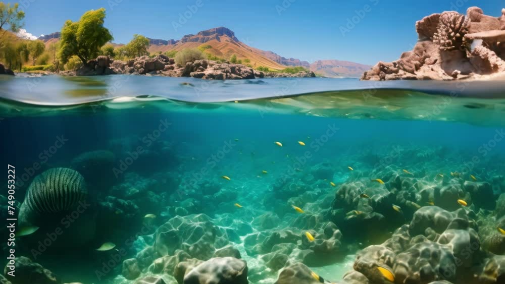 Underwater View of Coral Reef With Mountain in Background Underwater View of Coral Reef With Mountain in Background