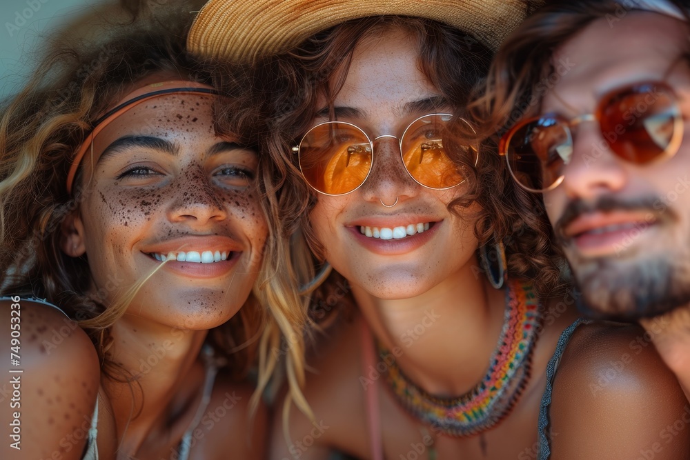 Three joyful friends are close together, sharing a laugh and wearing stylish sunglasses Three joyful friends are close together, sharing a laugh and wearing stylish sunglasses