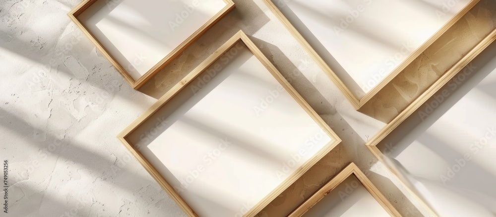 Three empty wooden frames are mounted on a white wall. Each frame is ...
