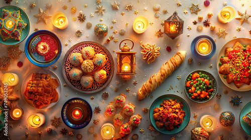 iftar cuisines on table with lights during ramadan, ramadan kareem or eid muslim events of celebration photo