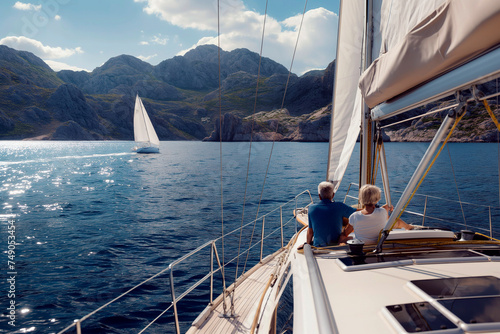 Senior couple enjoys the sea breeze while sitting on luxury sailboat deck. © Joaquin Corbalan
