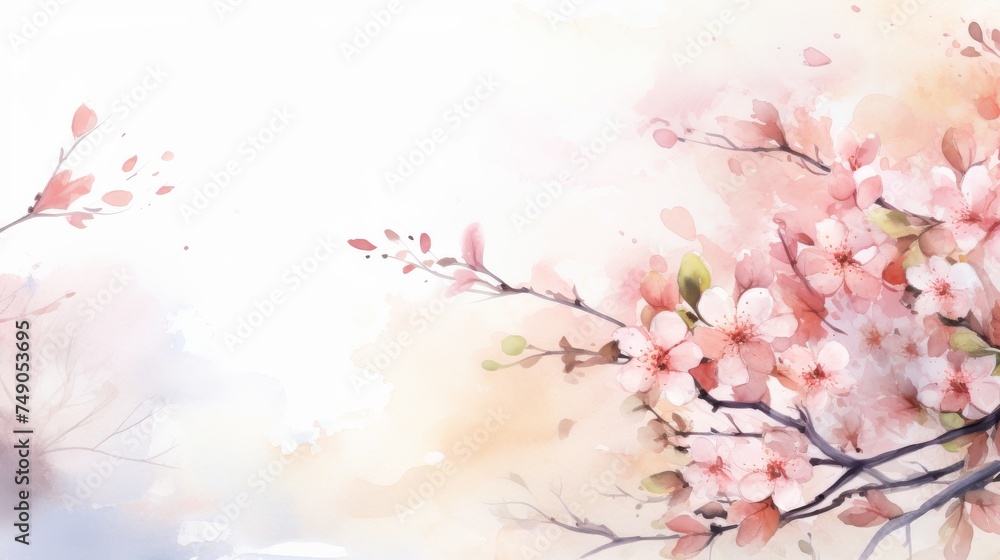 Generative AI image of a serene watercolor scene with cherry blossoms near a window