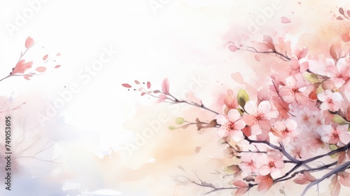 Generative AI image of a serene watercolor scene with cherry blossoms near a window © Baronit