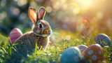 easter bunny and eastern eggs on a field in spring