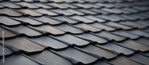 This close-up view shows a roof constructed with black tiles, creating a visually striking pattern. The individual tiles are uniform in color and shape, giving the roof a sleek and modern appearance