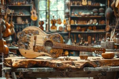 A beautifully handcrafted guitar with intricate wood patterns, placed on a vintage-style wooden table amid other handcrafted items