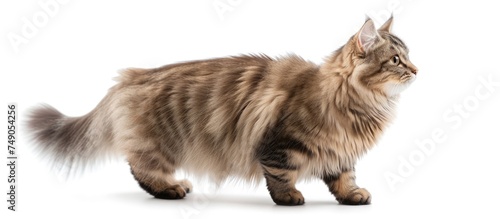 A Suphalak breed cat with long hair is seen walking gracefully across a plain white background. The cats fur is flowing as it moves, and its tail is held high. photo