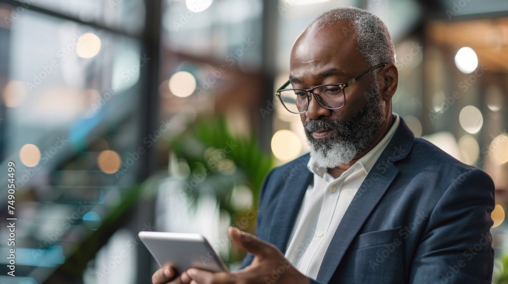 A busy CEO scrolling through emails on a tablet safe in the knowledge that their companys critical information is safeguarded by advanced cybersecurity protocols. A busy CEO scrolling through emails on a tablet safe in the knowledge that their companys critical information is safeguarded by advanced cybersecurity protocols.