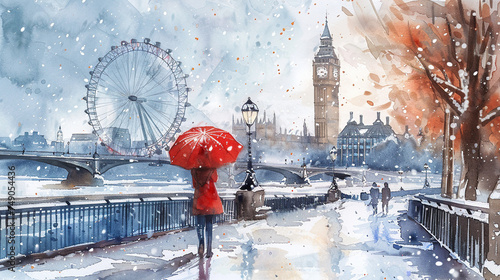 people or tourist in uk with red umbrellas in london, bigben, london eye, snowfall, snow weather 