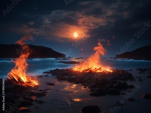 "Fiery Moonlit Edge: AI-Generated Art of a Grand Close-Up Campfire Illuminating an Island's Edge in a Moonlit Ocean"