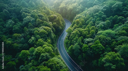  top view picture of countryside road pass through natural green forest viewpoint. © ANEK