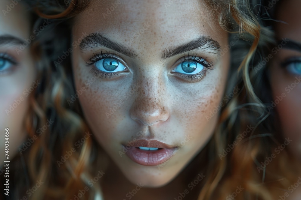 Mesmerizing close-up of a young girl with striking blue eyes and freckles Mesmerizing close-up of a young girl with striking blue eyes and freckles