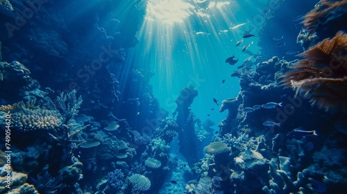 A spectacular view of a vast and deep underwater canyon filled with an array of unique and vibrant marine life from tiny seahorses to majestic sea turtles.