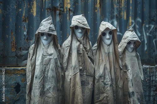 Four anonymous figures covered in paper stand in a desolate urban setting with rusted backdrop