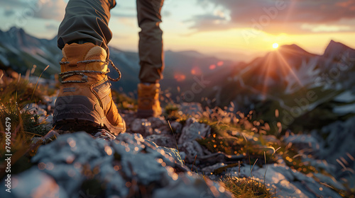 young man hiking in mountains at sunset with backpack, rocky hills 