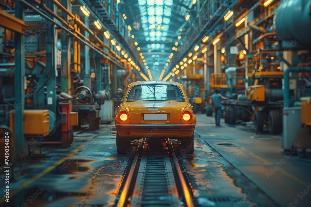 Vintage orange car on an assembly line inside an industrial manufacturing plant with a nostalgic retro atmosphere