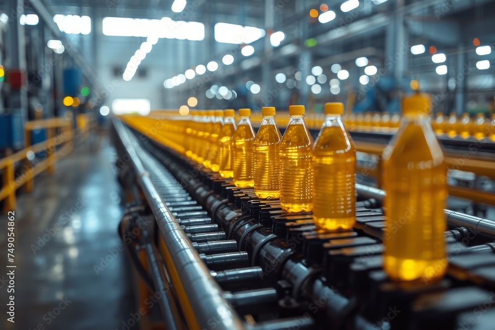 Vibrant image of a manufacturing plant's production line, yellow oil bottles being filled and capped