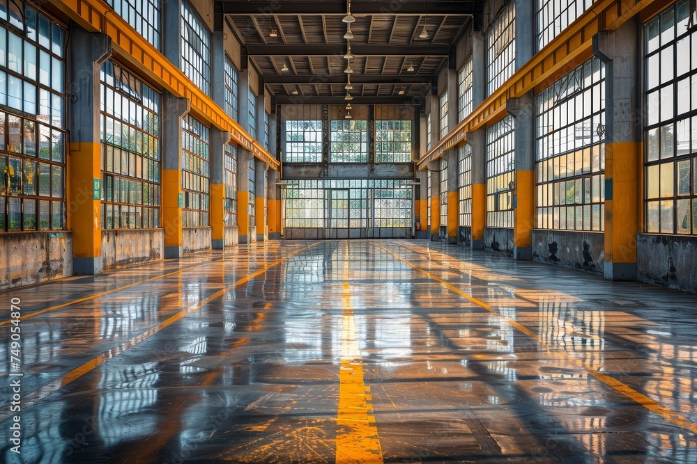 Inviting image of a vast empty industrial warehouse, sun rays piercing through high windows, glossy reflective floor with yellow safety line Inviting image of a vast empty industrial warehouse, sun rays piercing through high windows, glossy reflective floor with yellow safety line