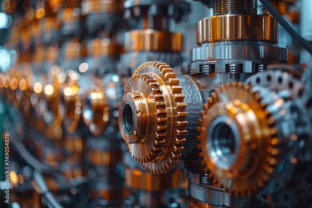 Close-up of meticulously designed gears with a strong focus on the intricate engineering and mechanical harmony Close-up of meticulously designed gears with a strong focus on the intricate engineering and mechanical harmony