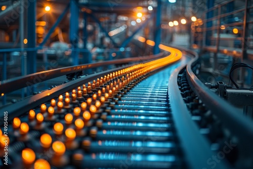 Abstract curvy conveyor belt in a factory with glowing light trails and a futuristic industrial atmosphere