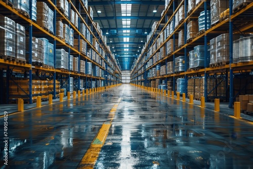 Empty industrial warehouse interior with endless rows of shelves and reflective floor