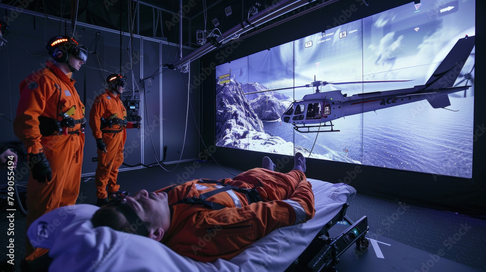 A virtual helicopter rescue scenario with first responders using mixed reality to practice airlifting a victim to safety. - obrazy, fototapety, plakaty 