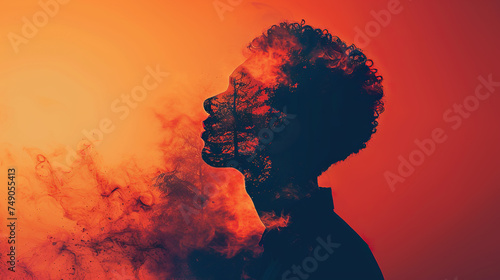 Hand painted colored smoke merged with boy head, smoking , alcoholic, depression, anxiety