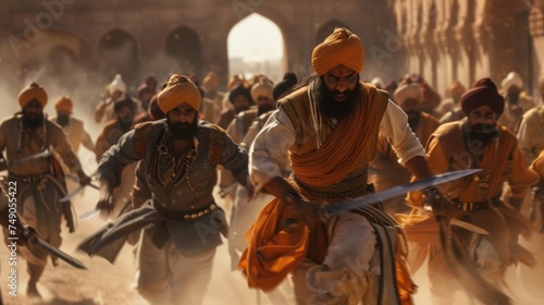 Despite being outnumbered a group of Sikh fighters charge fearlessly towards their enemies their swords raised high. photo