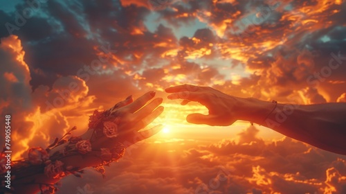 Two hands reaching towards each other against a vibrant sunset sky, evoking themes of connection and hope, ideal for events promoting peace and unity. © Marco Polo and Co