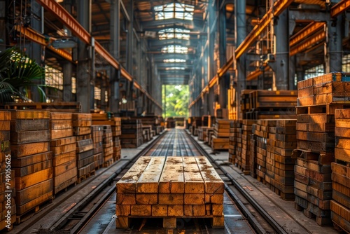 Parallel railroad tracks guiding through an industrial warehouse with stacks of raw materials photo