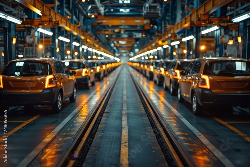 A vibrant assembly line of yellow cars showcasing the mass production process within a modern automobile manufacturing plant