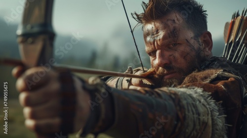 With a longbow slung across his back and a quiver full of arrows at his side a skilled Celtic archer takes aim at a distant target with precision.