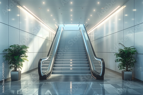 An escalator in a building with lush green plants on either side providing a refreshing natural touch to the urban environment, mockup photo