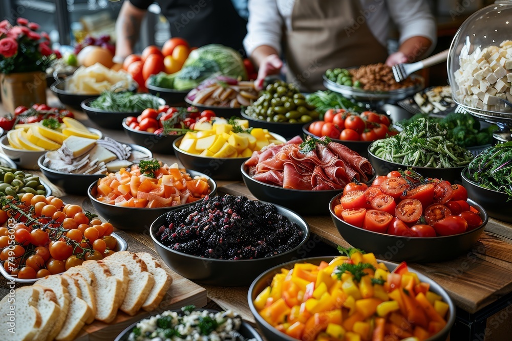An inviting buffet array with a rich selection of gourmet dishes, including fresh vegetables, fruits, and meats with chefs in the background An inviting buffet array with a rich selection of gourmet dishes, including fresh vegetables, fruits, and meats with chefs in the background