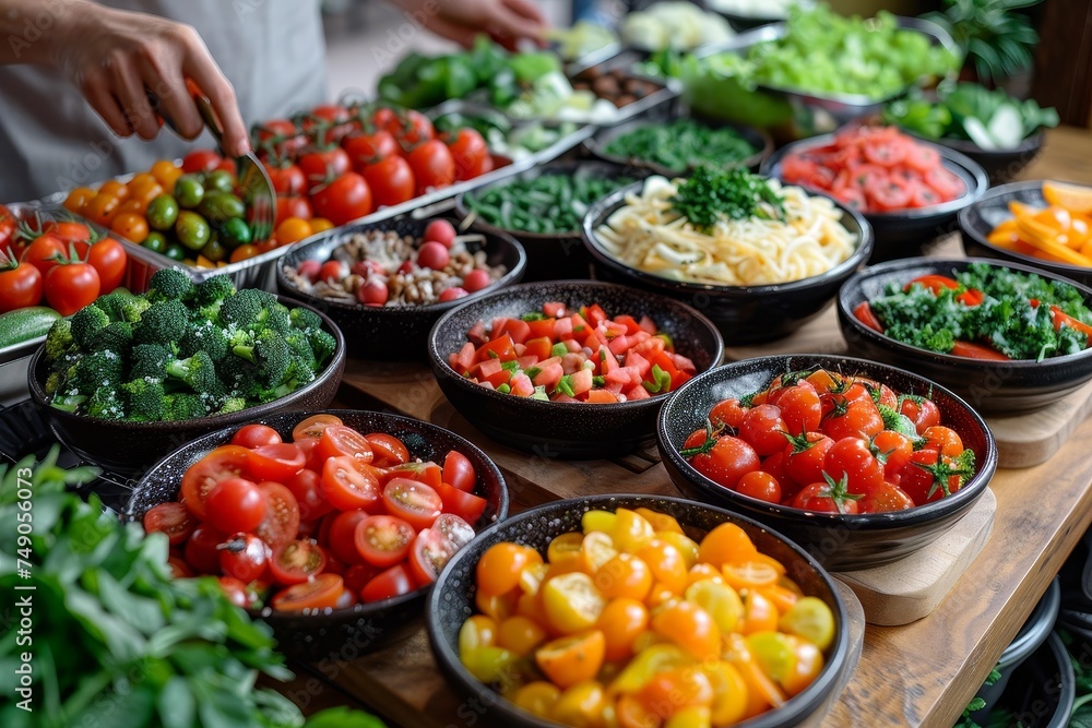 Multiple bowls filled with an array of vegetables like tomatoes and greens, showcasing a buffet setup