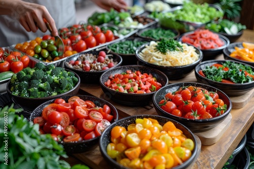 Multiple bowls filled with an array of vegetables like tomatoes and greens, showcasing a buffet setup