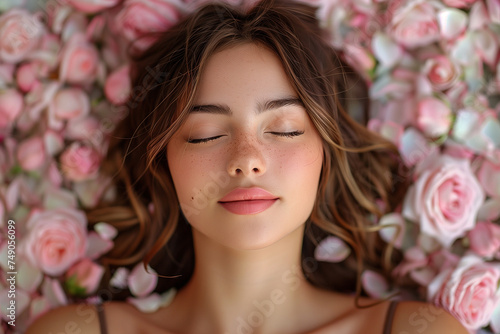 A woman lying down in a bed of vibrant pink roses, surrounded by delicate petals and green foliage, spring vibes