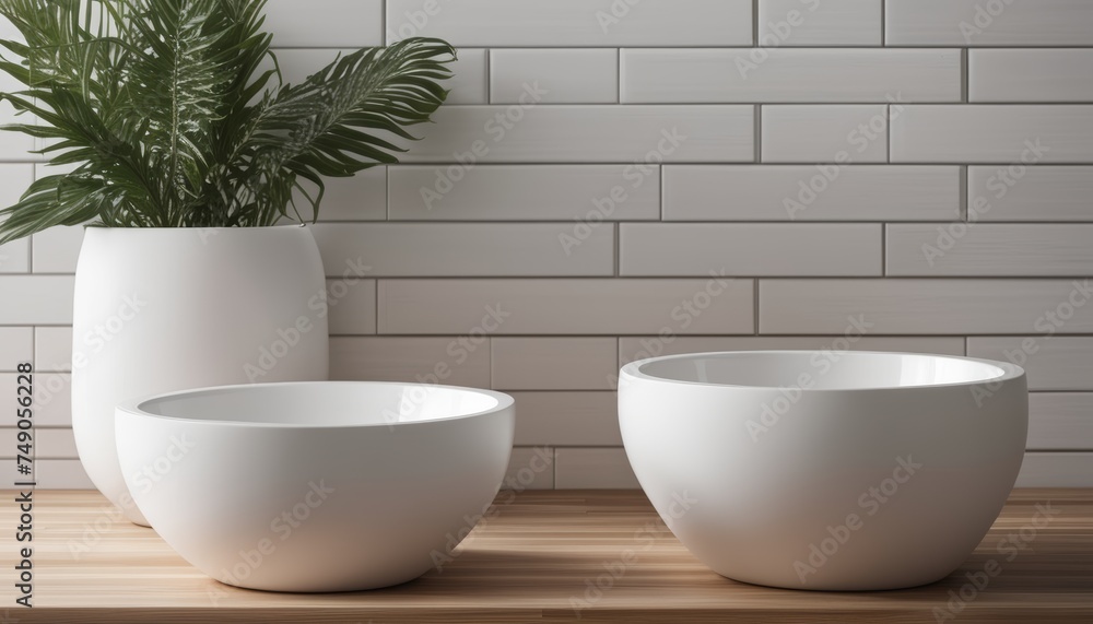 Modern minimalist decor with white vase and bowls Modern minimalist decor with white vase and bowls