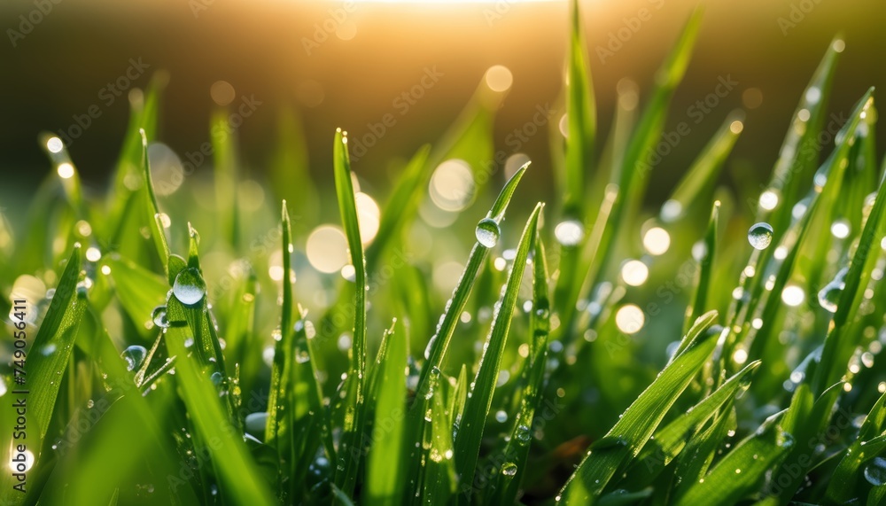 Fototapeta premium Dewdrops on blades of grass, a morning's gentle touch