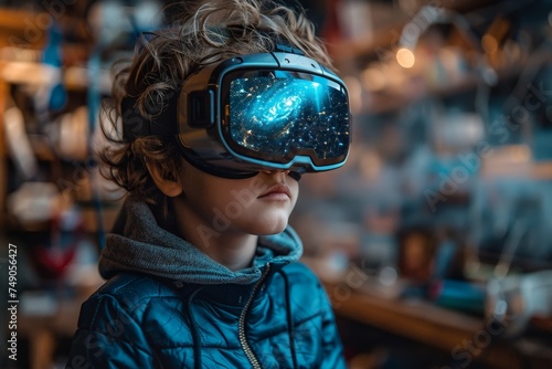 A young child is fully immersed in a high-tech virtual reality experience, the headset obscuring their perception of reality