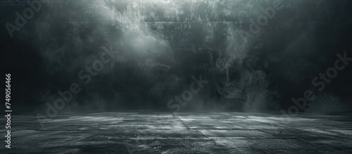 A black and white photo of an empty studio dark room with a concrete floor. The room features a grunge texture background, spot lighting, and a hint of fog or mist against a black backdrop. © Emin
