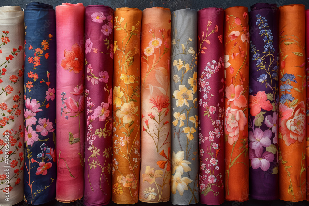 Different colored fabrics neatly lined up in a row, showcasing various patterns and textures Different colored fabrics neatly lined up in a row, showcasing various patterns and textures
